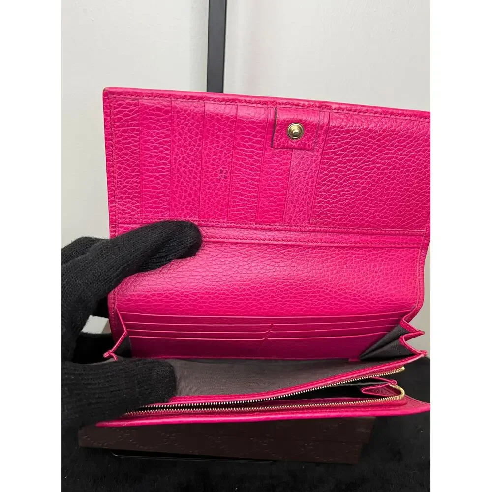 Gucci Pink Pebbled Leather Continental Wallet Box Card Chain Italy 354498